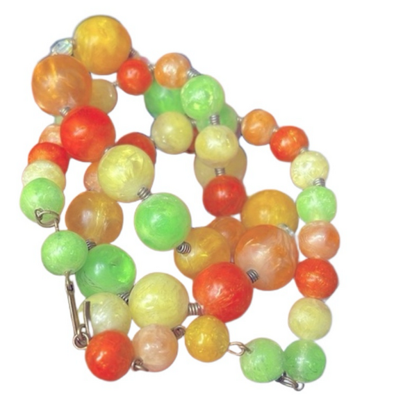 Vintage Fruit Salad Lucite Beaded Necklace Orange Green Mid-Century Boho - Picture 6 of 10
